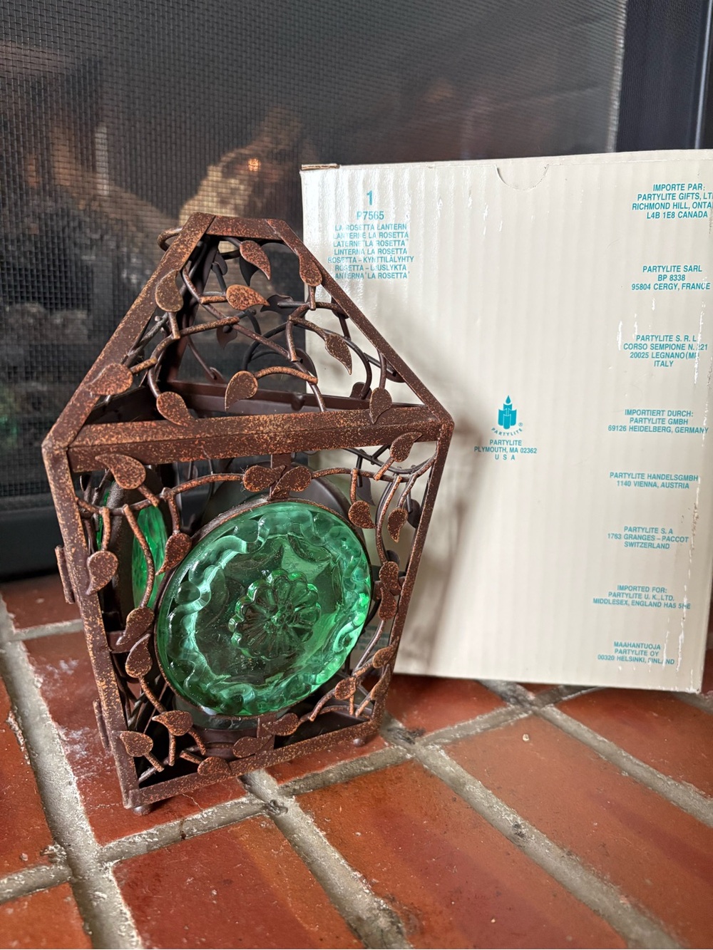 Retired PartyLite La Rosetta hanging lantern Metal & Green Glass Rustic Floral - Picture 3 of 11